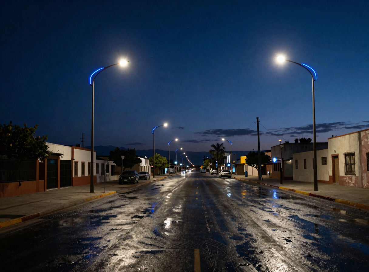 Wide environmental shot of Mexicali at twilight, dramatic neon streetlights reflecting on wet asphalt, expansive sky, cinematic composition.