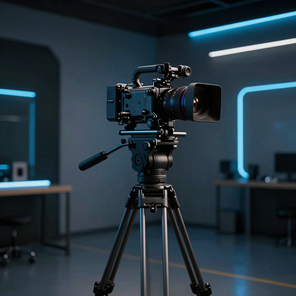 Cinematic wide shot of a professional camera rig on a tripod, deep shadows with electric blue neon accents in a modern studio environment, 35mm lens