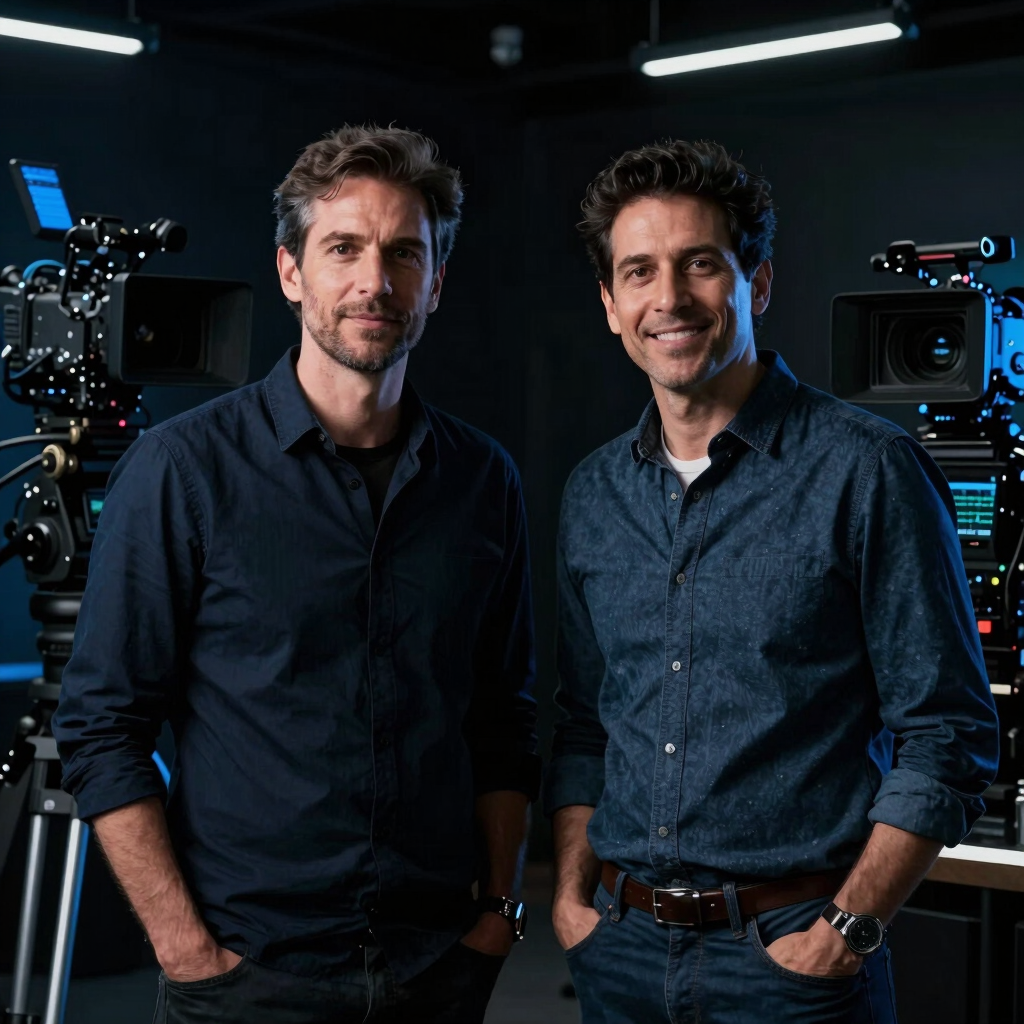 Cinematic corporate portrait of two male founders, Christian and Francisco, standing in a dark-mode production studio, high-contrast dramatic lighting, electric blue accents, professional camera gear blurred in the background.