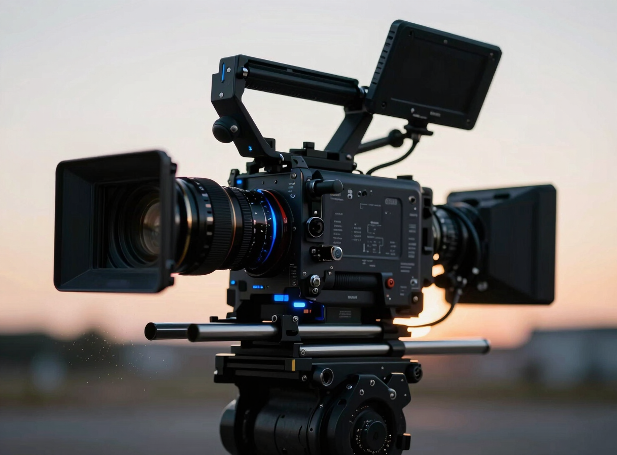 Close-up of a professional cinema camera rig on a set, sunset light highlighting dust particles, deep depth of field.