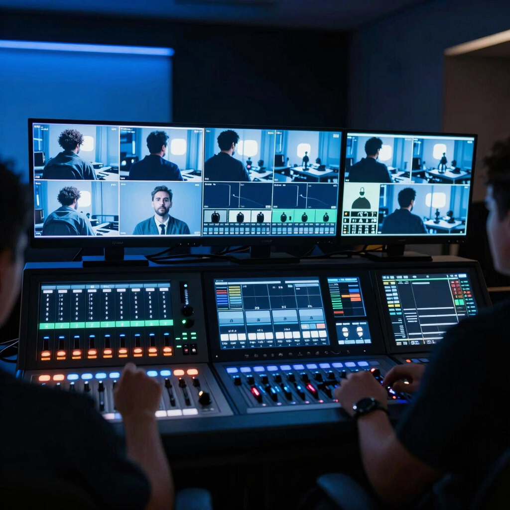 Professional multi-camera broadcasting setup in Mexicali, high-end production switcher, glowing monitors showing live video feeds, electric blue studio lighting