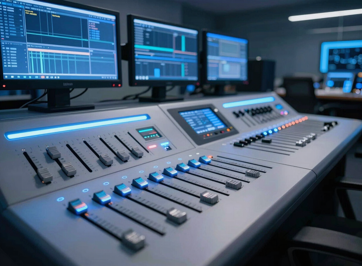 Sleek broadcasting control room with glowing blue monitors and audio sliders, clean technical environment.