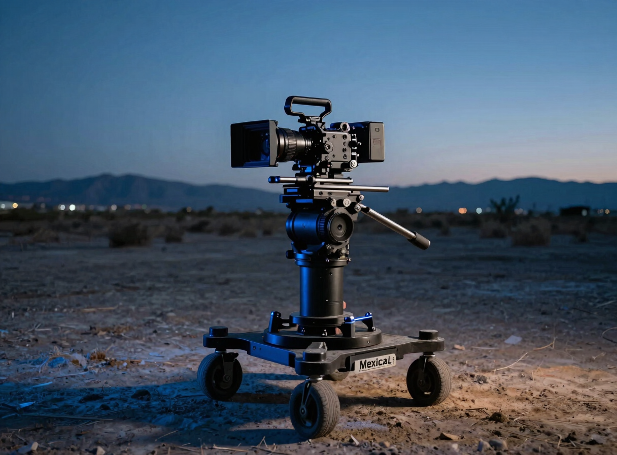 Cinematic behind-the-scenes shot of a high-end camera rig on a dolly, set in Mexicali landscape at twilight, dramatic blue key light, sharp focus, 35mm lens