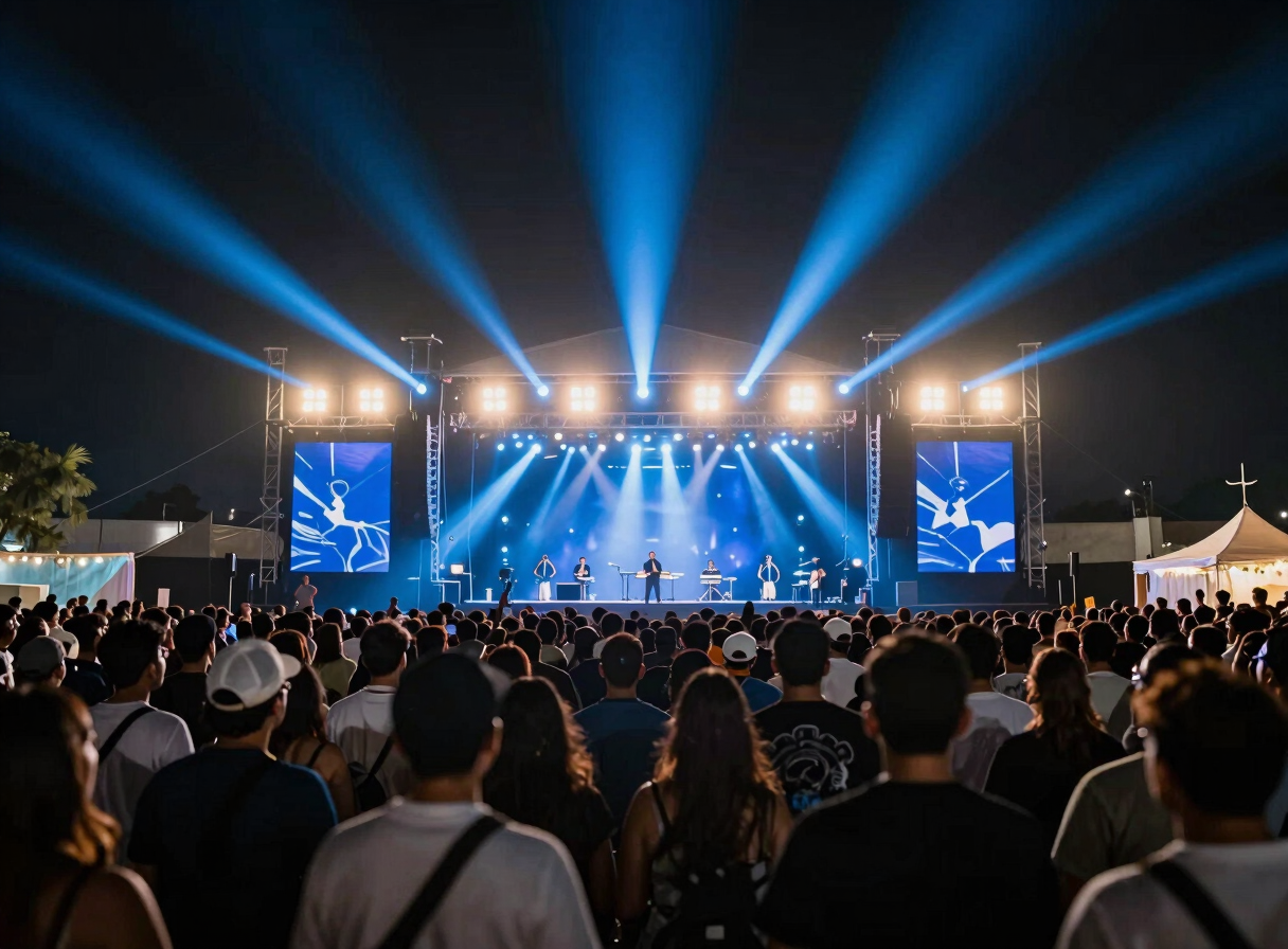 Wide-angle shot of a crowd at an outdoor festival in Mexicali, stage lights casting electric blue and white rays, cinematic atmosphere.