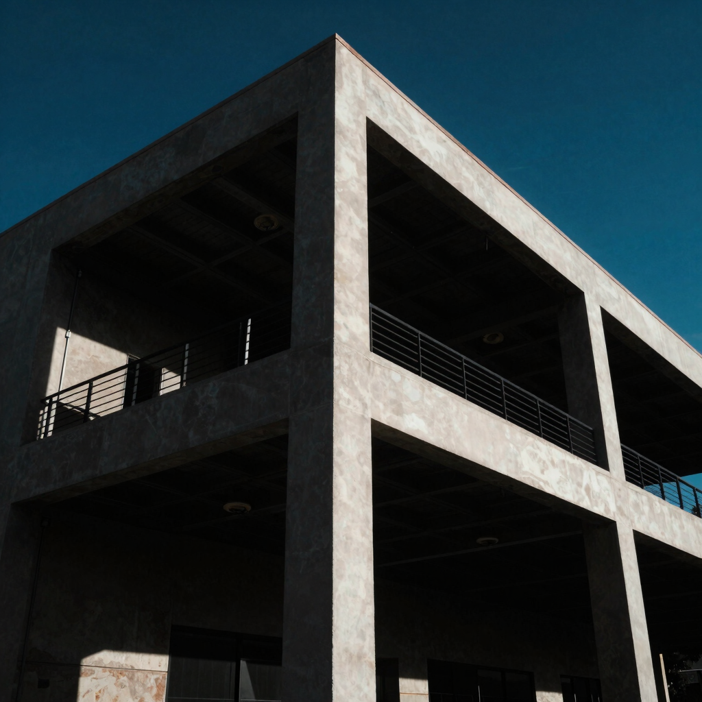 Low-angle cinematic shot of modern industrial structures in Mexicali, high-contrast dramatic lighting, deep shadows with electric blue accents, sharp 35mm lens.